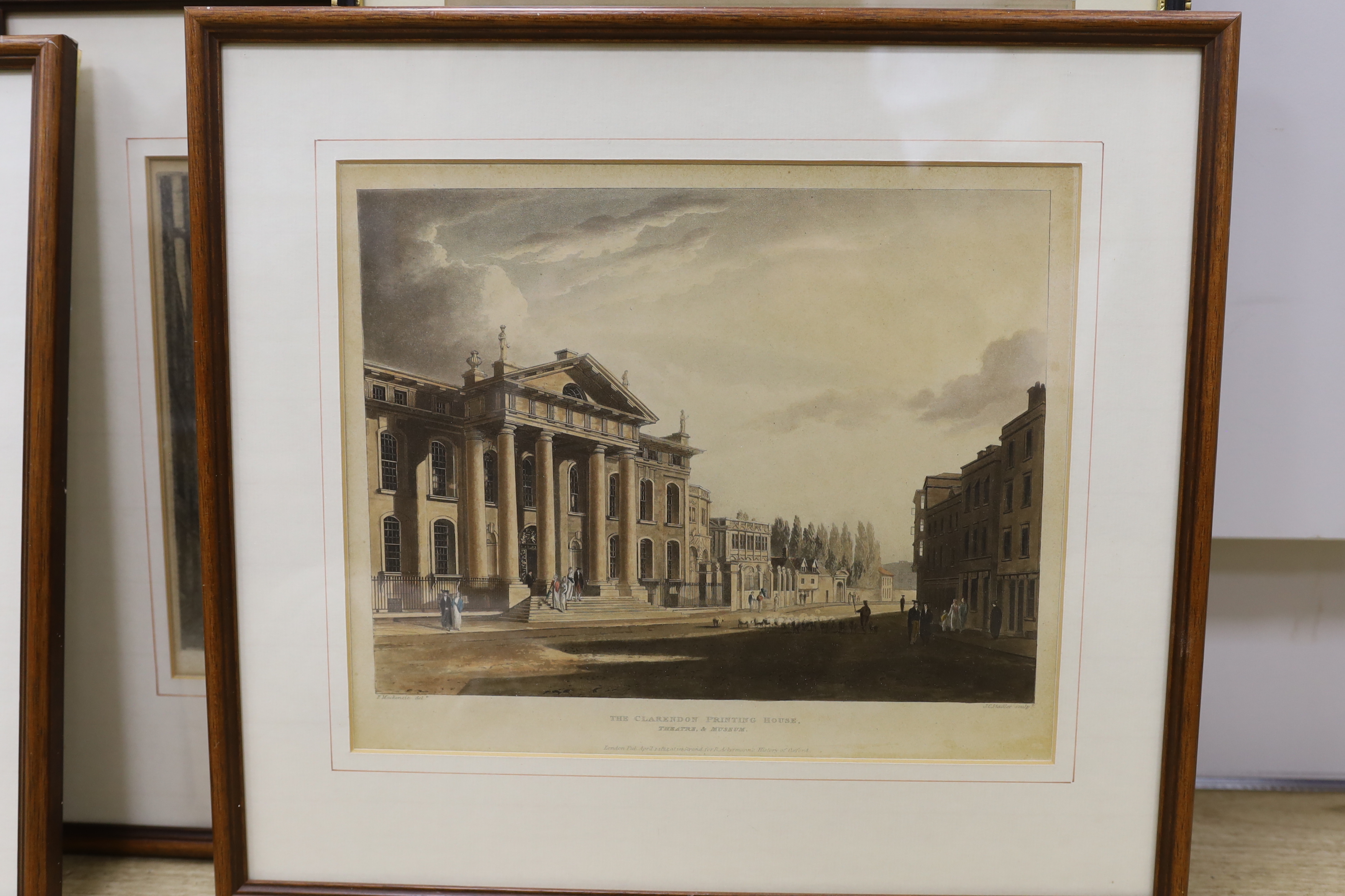 Four Ackermann colour engravings including E. Clarendon Printing House and Bradcliffe Library, together with another colour engraving and one other by Fred Millar, signed in pencil, largest 24 x 30cm (6)